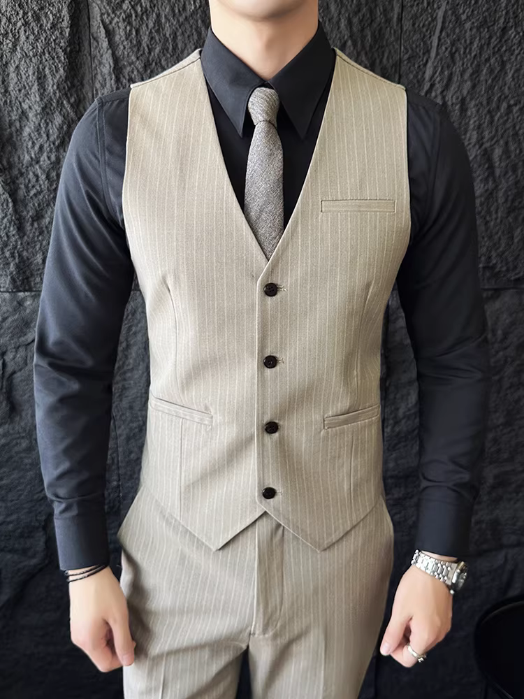 Bộ vest sọc nam, phong cách Hàn Quốc, dáng ôm, vest lịch sự và mềm mại, trang phục dự tiệc công sở thời trang, vest phù rể