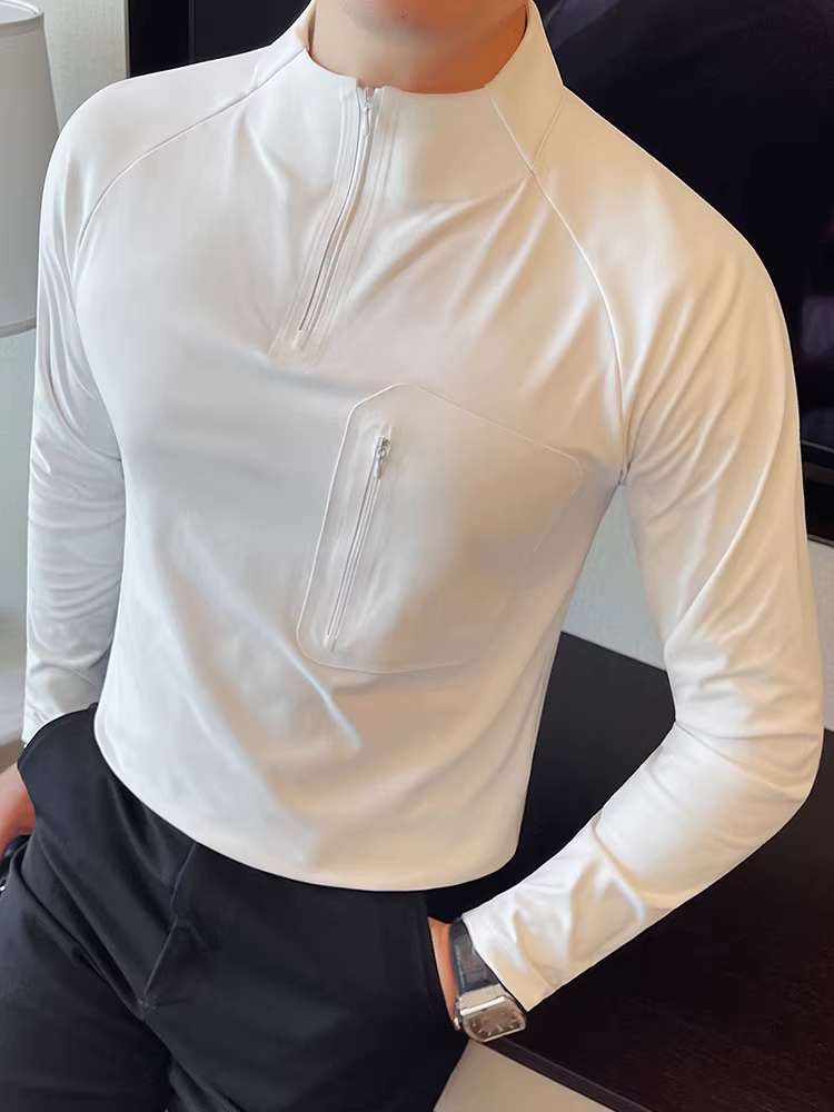 Áo thun nam cổ đứng nửa cao khóa kéo chất liệu da cá mập, tay dài, thời trang thu đông 2025, kiểu dáng ôm body, cổ đứng.