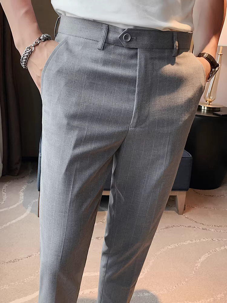 Quần âu nam kẻ sọc dày dặn lót lông mùa đông 2024 kiểu dáng mới đa năng ôm dáng côn