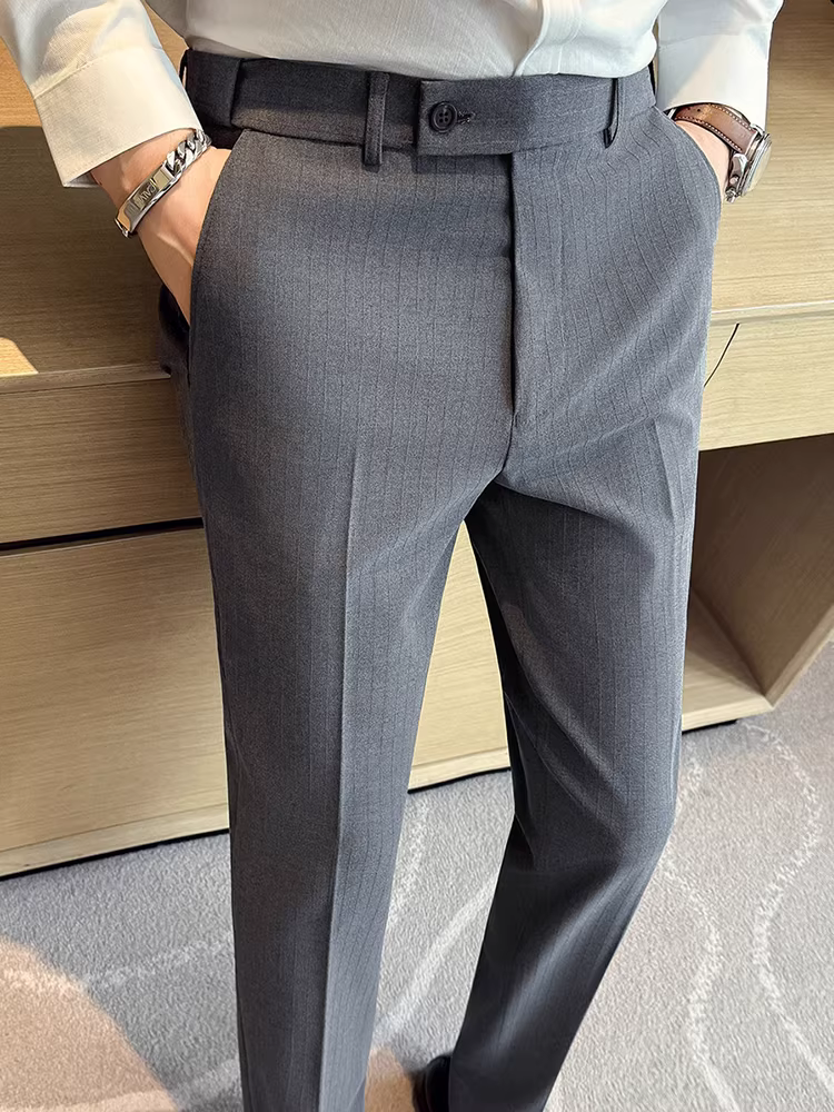 Quần âu nam lưng thun kẻ sọc tối màu, quần âu chất lượng cao, dáng suông, ôm dáng, dễ chăm sóc.