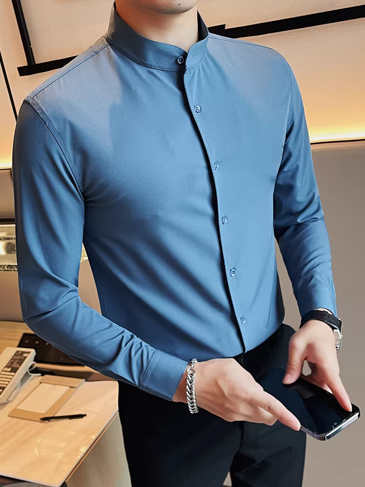 Áo sơ mi cổ đứng kiểu Trung Quốc mới dành cho nam, dài tay, cao cấp, đa năng cho mọi mùa, dáng ôm, trang phục công sở thường ngày, áo sơ mi trắng đẹp trai