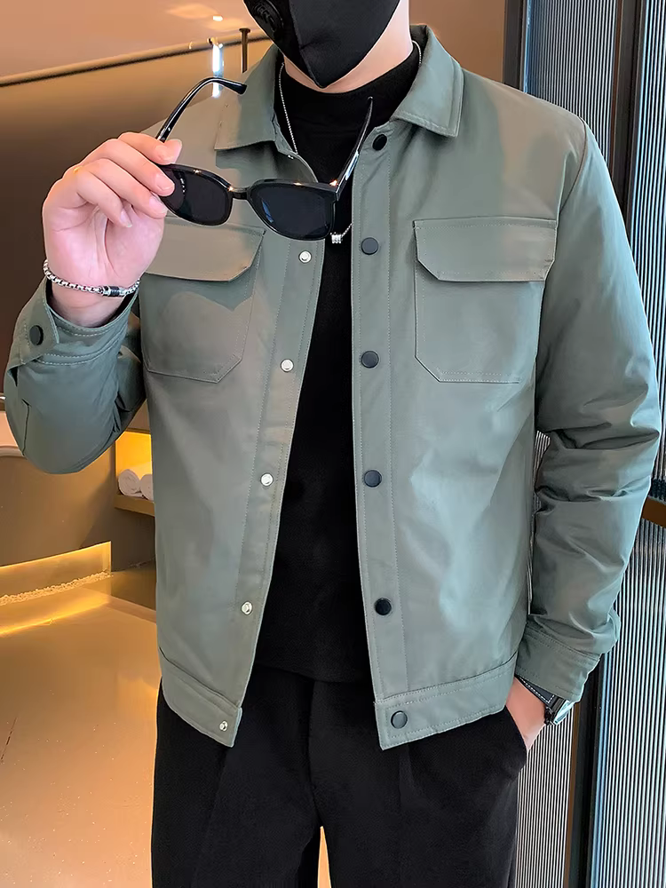 Áo khoác cotton nam, dày dặn mùa đông, ấm áp, cao cấp, cổ bẻ, phong cách công sở, đa năng, thời trang, kiểu dáng ngắn, sành điệu.