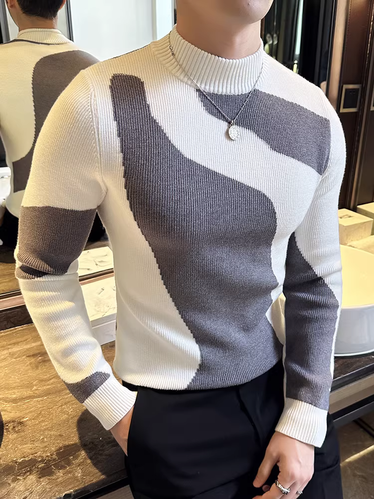 Áo len cổ lọ nửa cổ thiết kế phối màu dành cho nam, dài tay, mùa thu đông, nhẹ nhàng sang trọng, thời trang, ôm dáng, phong cách, chất liệu dệt kim co giãn.