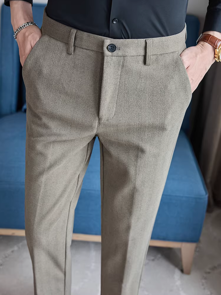 Quần âu nam len chín phần, kiểu mới thu đông 2024, cao cấp ôm dáng, kiểu dáng thanh lịch, chất liệu vải chải mềm mại.