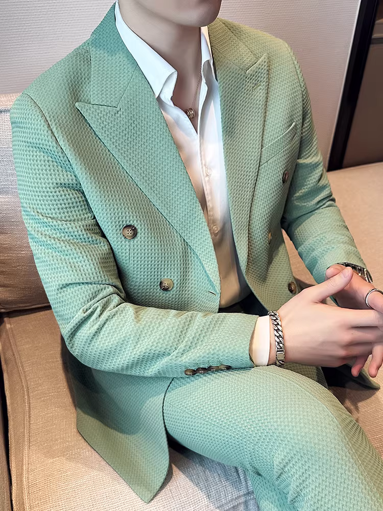 Bộ vest nam mùa thu kiểu waffle, vest công sở cao cấp, kiểu dáng ôm body, vest nam hai hàng khuy