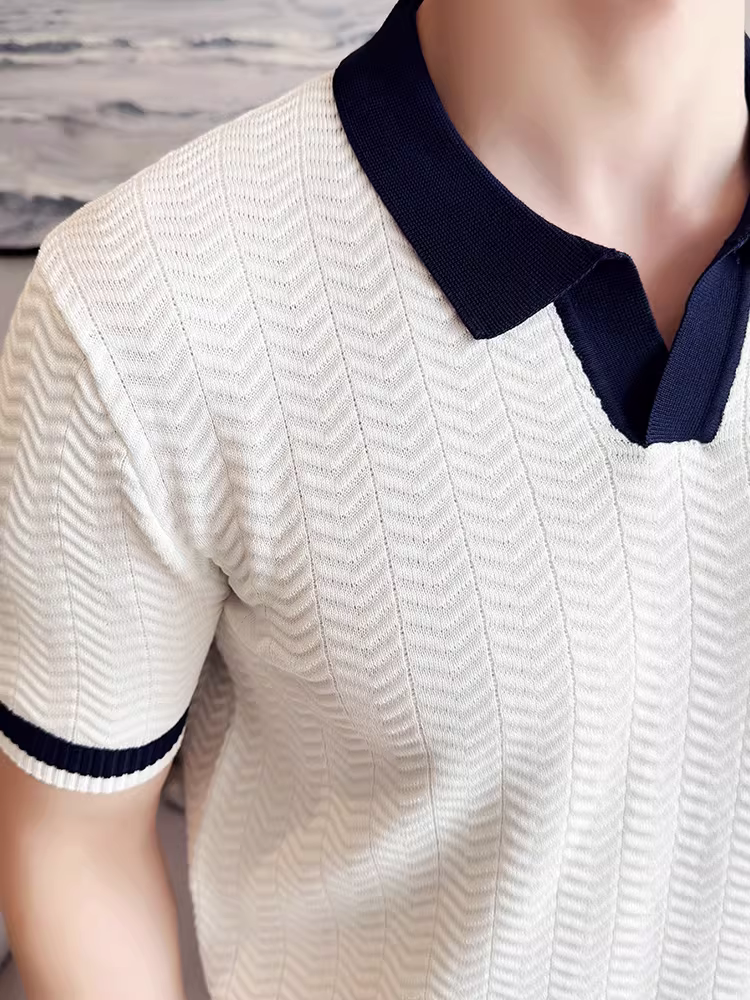 Áo polo nam dệt kim lụa đá phối màu, tay ngắn, kiểu dáng mùa hè mới, áo thun cao cấp thời thượng ôm dáng co giãn