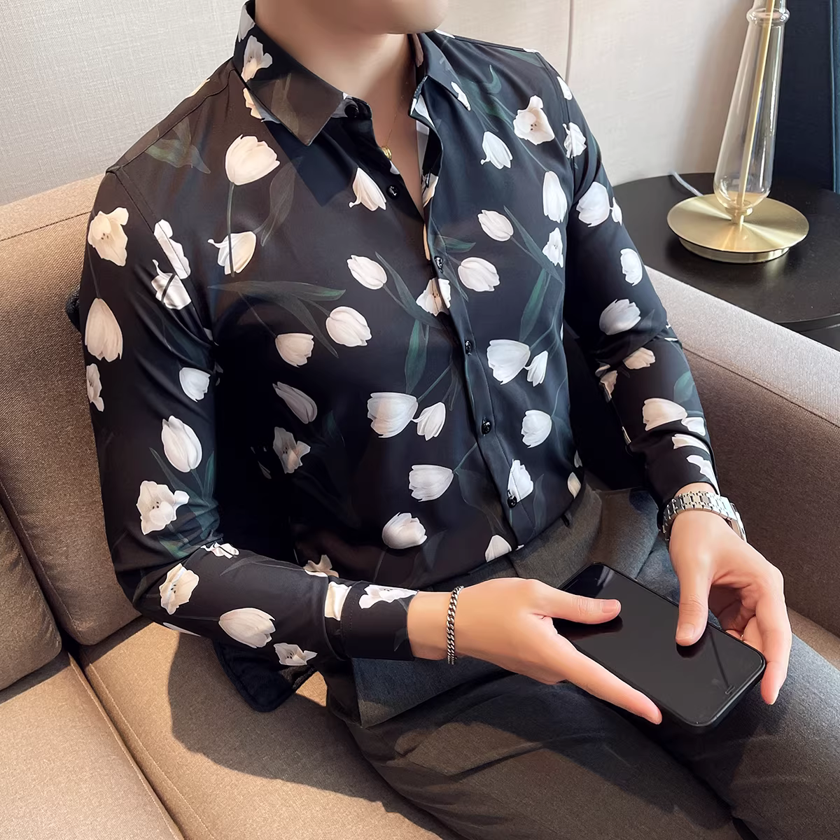 Áo sơ mi in hình nam dài tay cao cấp kiểu Anh hợp thời trang dáng ôm áo sơ mi nam dành cho nhà tạo mẫu tóc trang phục công sở trang trọng chuyên nghiệp