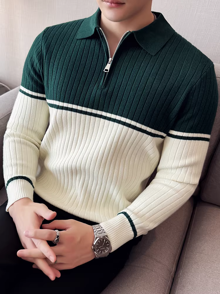 Áo len nam cổ trụ nửa khóa kéo, phối màu, tay dài, kiểu dáng mới thu đông 2025, cao cấp, ôm dáng, thời trang, kiểu áo Polo dệt kim