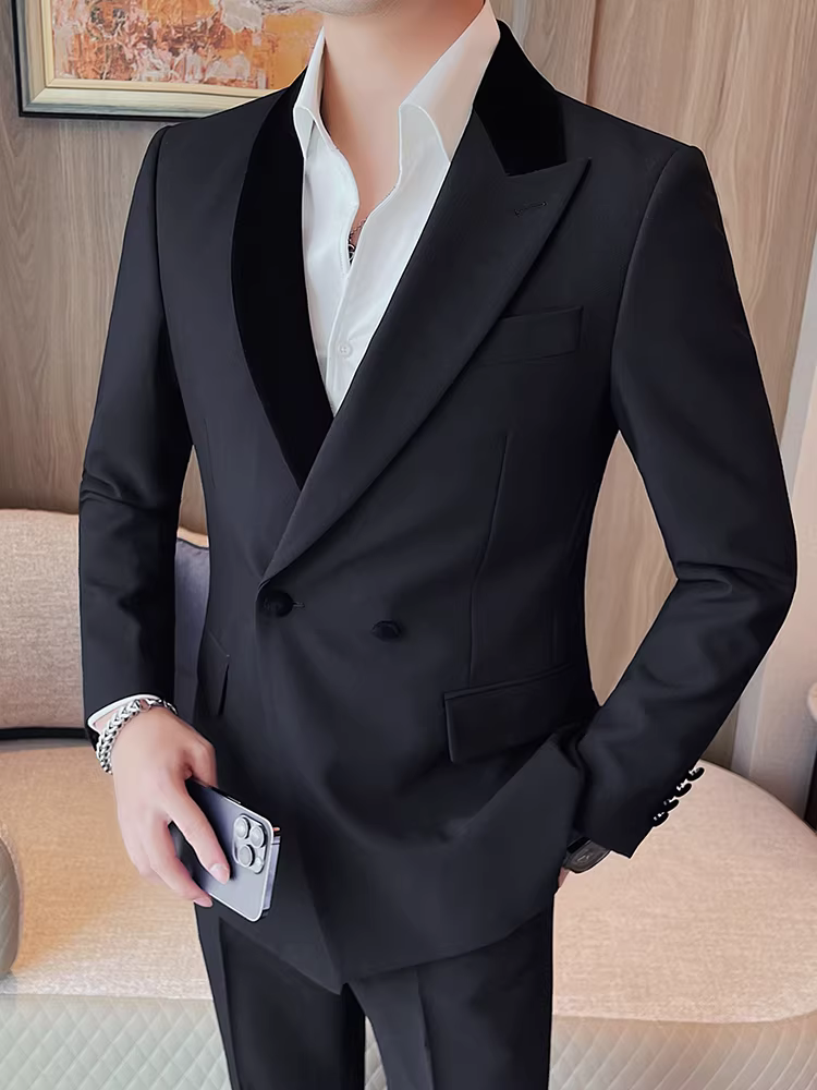 Áo blazer nam cao cấp, kiểu dáng sang trọng, hai hàng khuy, mới mùa xuân thu, kiểu dáng ôm body, phong cách Hàn Quốc, lịch sự nhưng vẫn trẻ trung.