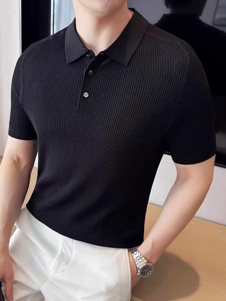 Áo Polo nam Yilite chất liệu lưới dệt kim, tay ngắn, mùa hè, mỏng, kiểu dáng ôm sát, cổ tròn, phong cách thường ngày