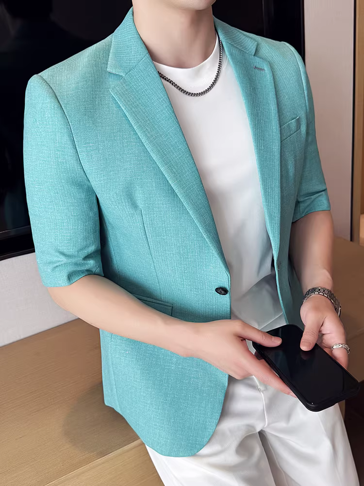 Áo blazer nam chất liệu lụa sáng màu, họa tiết tối màu, tay ngắn, kiểu dáng mỏng nhẹ mùa hè, phong cách quý ông, thời trang, ôm dáng, đẹp trai, đa năng.