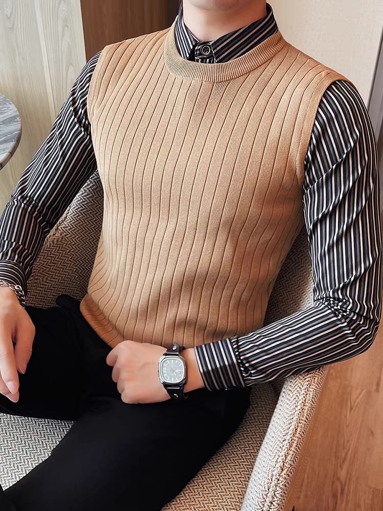 Áo len kẻ sọc giả hai lớp dành cho nam, thời trang thu đông, kiểu dáng ôm body, phong cách công sở lịch lãm, kiểu Anh, chất liệu dệt kim.