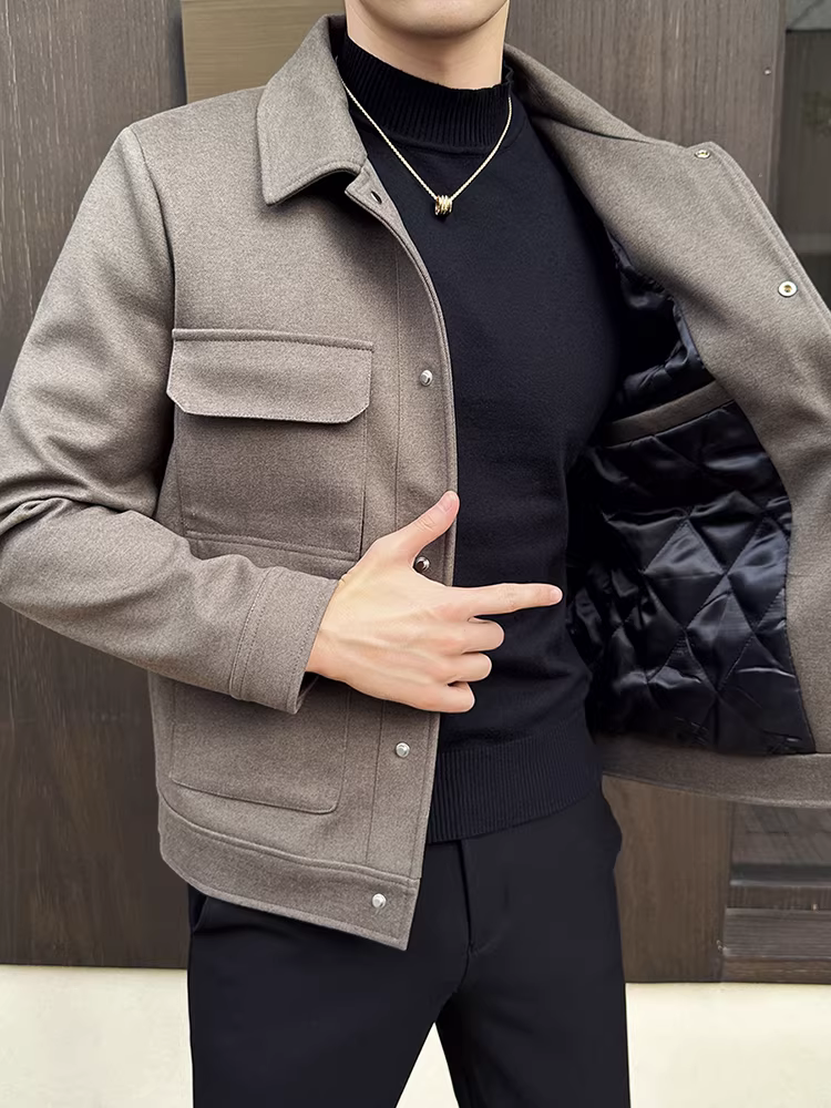Áo khoác len nam mùa thu đông, dày dặn bằng bông giữ ấm, áo khoác công sở lịch sự, áo khoác len ngắn thường ngày