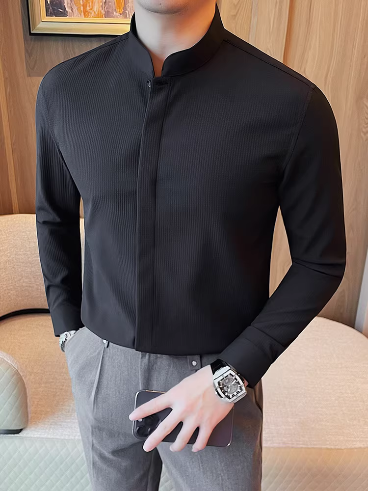 Áo sơ mi nam cổ waffle, tay dài, kiểu dáng công sở lịch sự, đa năng, hợp thời trang, ôm dáng, thời thượng, cao cấp