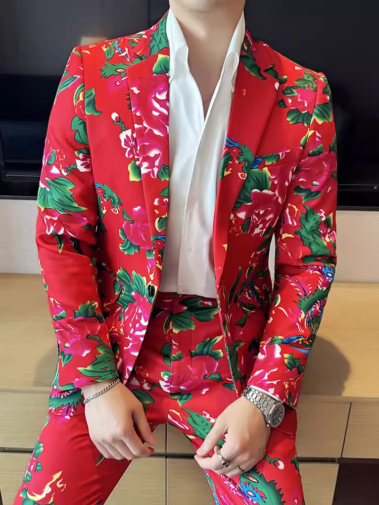 Bộ vest nam hoa đỏ lớn phía Đông Bắc thời trang hợp xu hướng cá tính cổ điển đẹp trai thanh lịch cao cấp hai mảnh