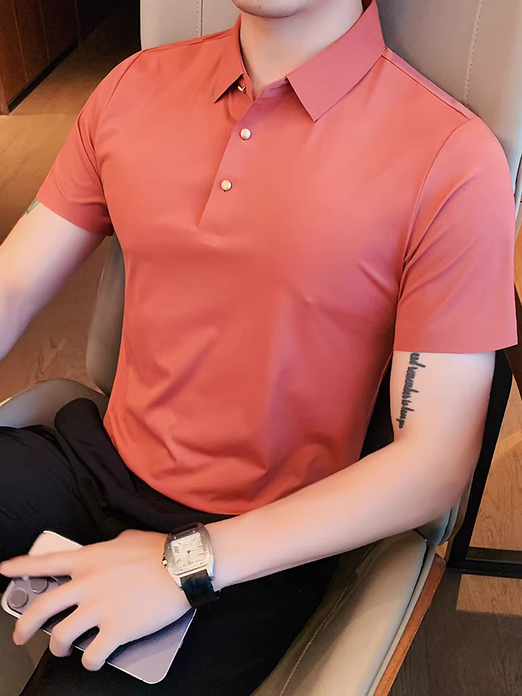 Áo polo nam chất liệu lụa đá, không đường may, tay ngắn, kiểu dáng mùa hè mỏng nhẹ, thoáng khí, thoải mái, mát mẻ, phong cách công sở lịch sự, áo thun cao cấp có cổ.
