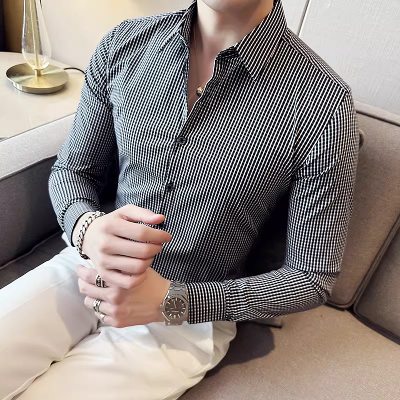 Áo sơ mi kẻ caro đen trắng cho nam, tay dài, kiểu dáng mỏng mùa hè, kiểu dáng ôm body kiểu Anh, áo sơ mi công sở lịch sự cao cấp.