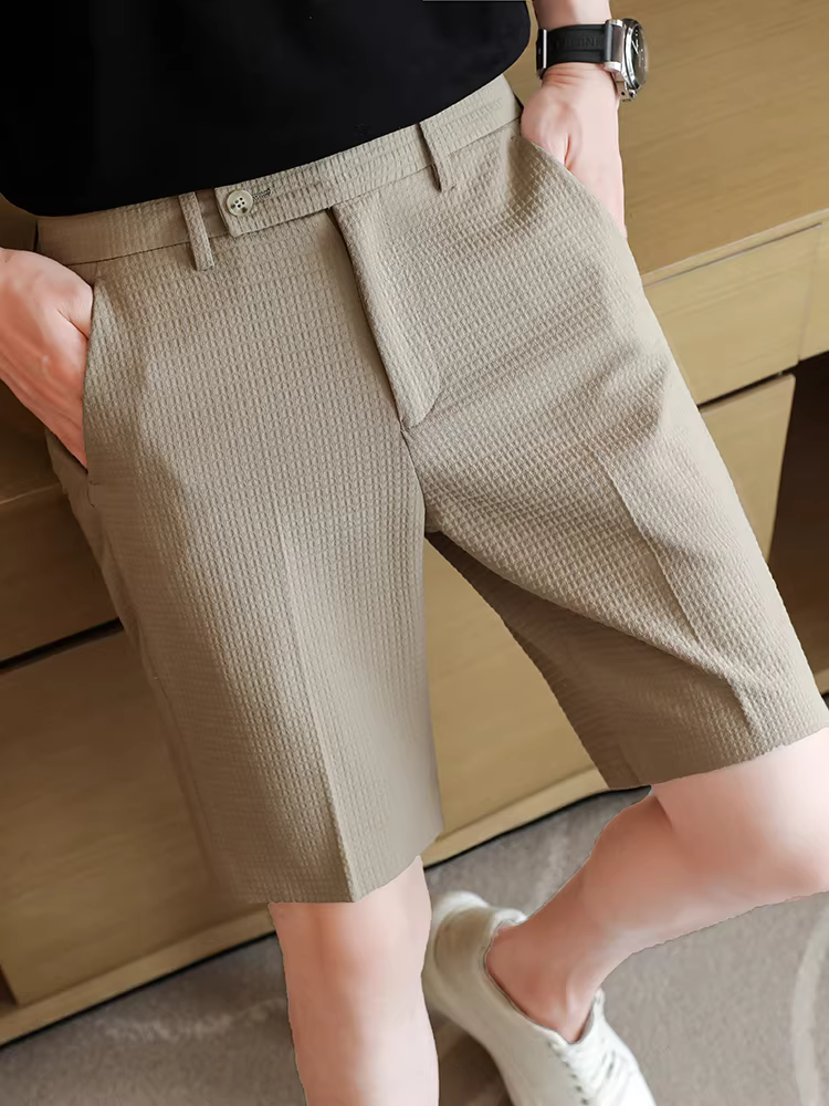 Quần short waffle nam, kiểu dáng mỏng mùa hè, quần tây công sở cao cấp, quần dài năm phần thời trang đa năng, lưng thun co giãn.