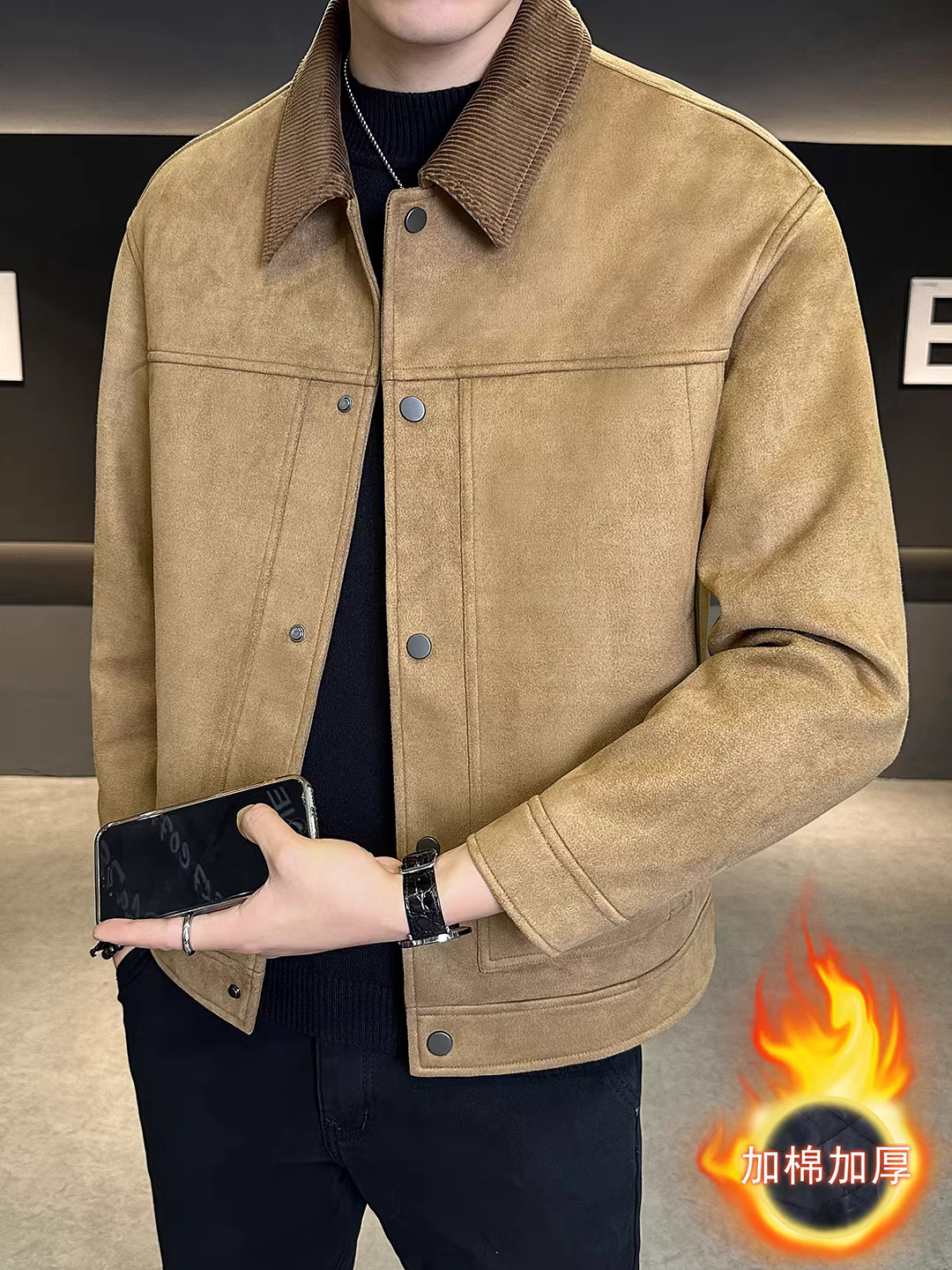 Áo khoác da lộn dày dặn may chần bông dành cho nam, kiểu dáng mới thu đông 2025, dáng ngắn, cổ ngắn, đa năng và chất lượng cao.