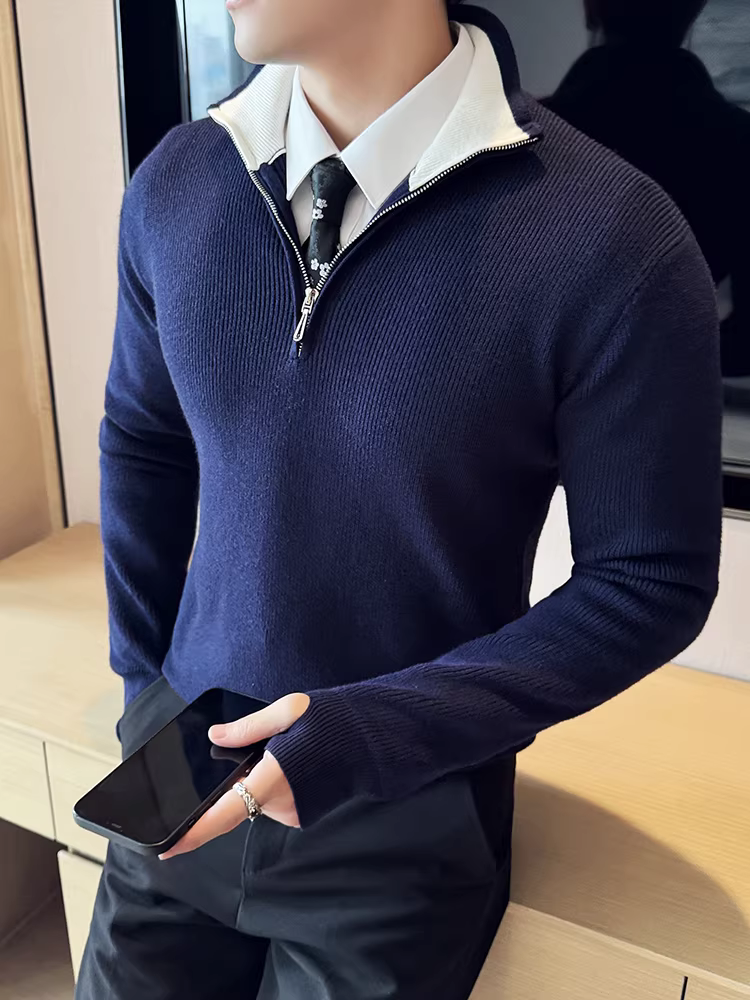 Áo len dệt kim cổ đứng phối màu nửa khóa kéo dành cho nam, tay dài, áo khoác len dáng ôm đa năng, phong cách công sở giản dị, mới cho mùa thu đông