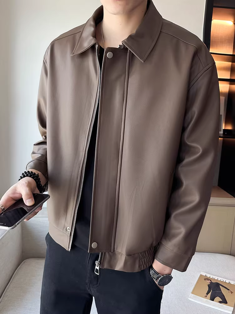 Áo khoác da nam cho mùa xuân thu, thương hiệu thời trang cao cấp, áo khoác ngắn phong cách Hàn Quốc, đa năng, chất liệu PU, kiểu dáng cá tính