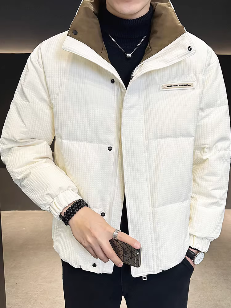 Áo khoác nam mùa đông nhẹ, màu trắng, chất liệu lông vũ, áo khoác nam ấm áp, kiểu dáng ngắn, cổ đứng thời trang, thương hiệu thời trang nam