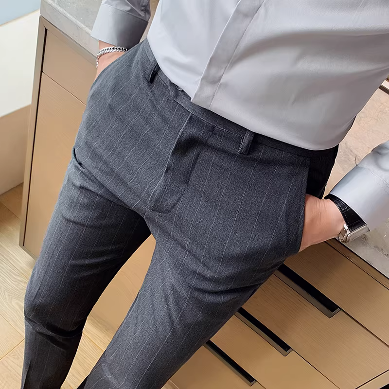 Quần âu nam slim-fit kẻ sọc, kiểu dáng công sở lịch lãm, quần dài phong cách Anh, kiểu Hàn Quốc thời thượng, không nhăn, không cần là, quần vest slim-fit