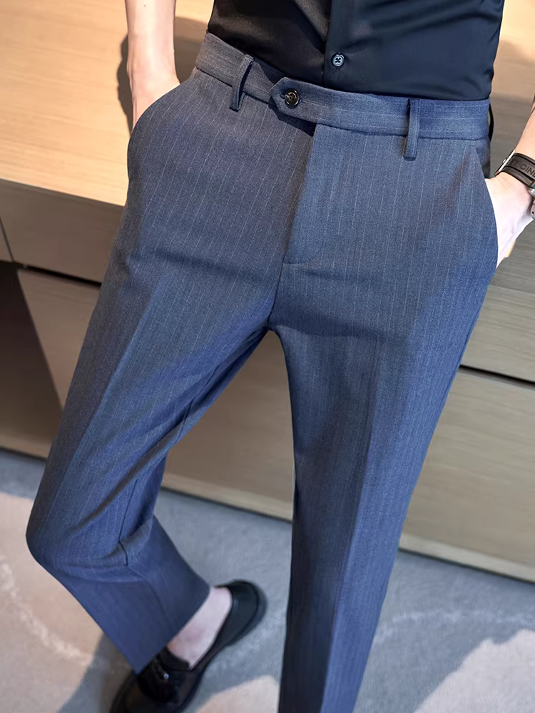 Quần âu nam kẻ sọc cao cấp, kiểu dáng thời trang, đa năng, quần dài công sở lịch lãm, kiểu dáng Hàn Quốc ôm dáng, quần âu ống côn.