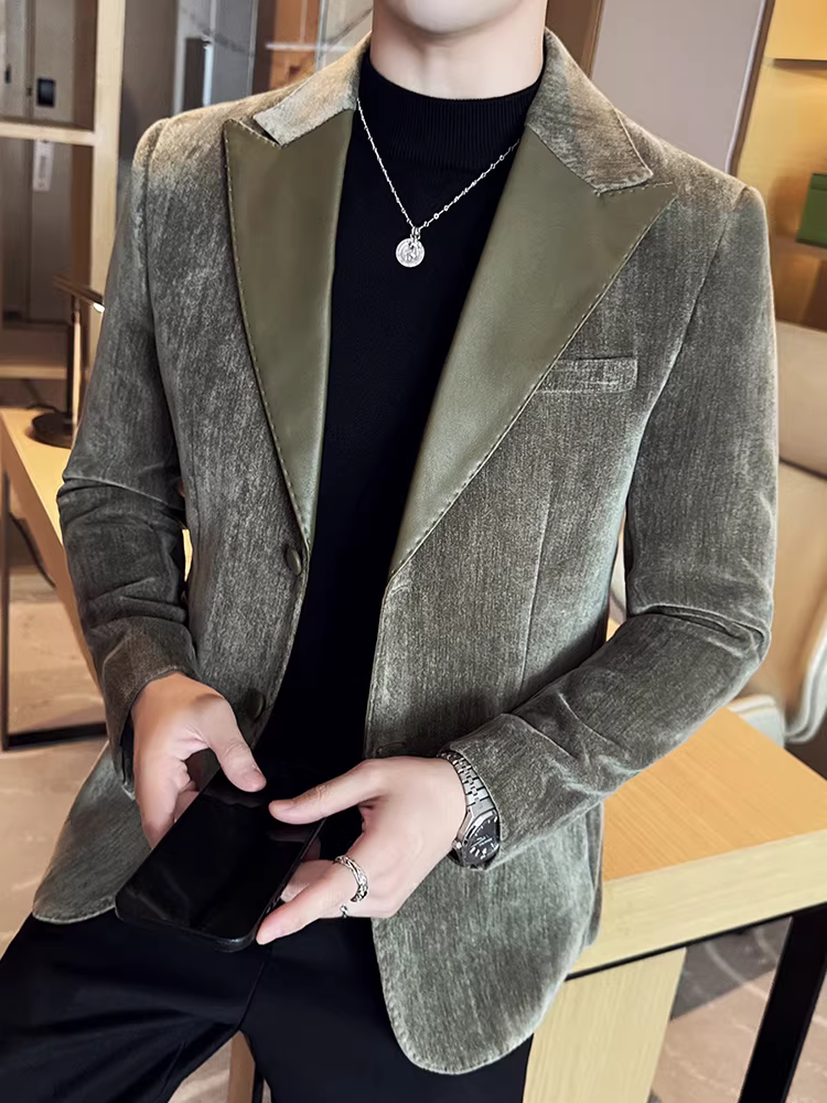 Áo khoác len chắp vá bằng da dành cho nam, phong cách thu đông mới, thời trang cao cấp, trang phục công sở thông thường, bộ đồ ôm vừa vặn