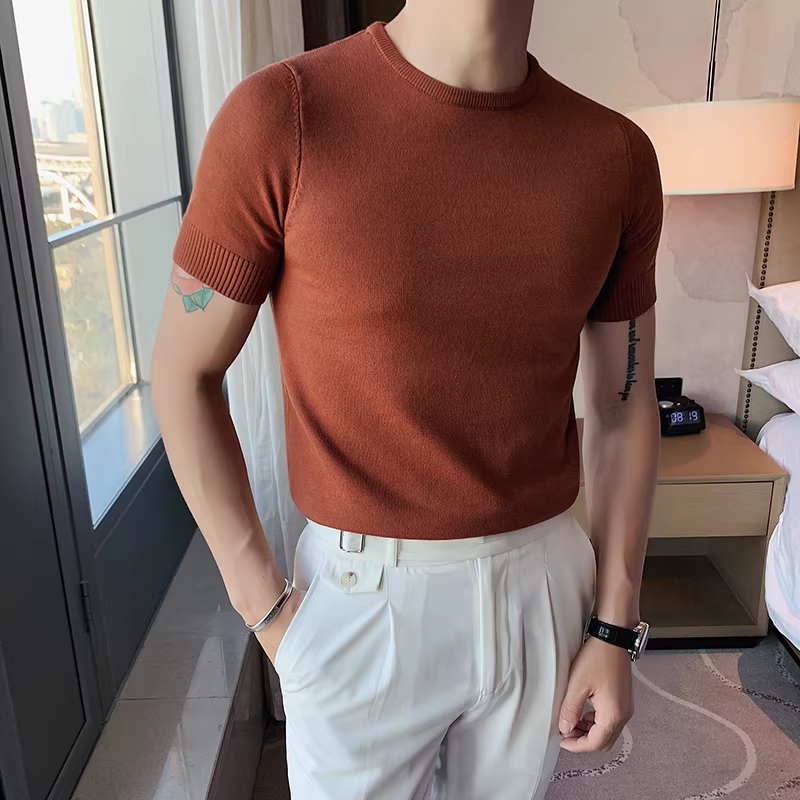 Áo len nam cổ tròn tay ngắn kiểu xuân thu, ôm body, phong cách Hàn Quốc thời thượng, chất liệu len đá mát, áo thun nửa tay mặc lót