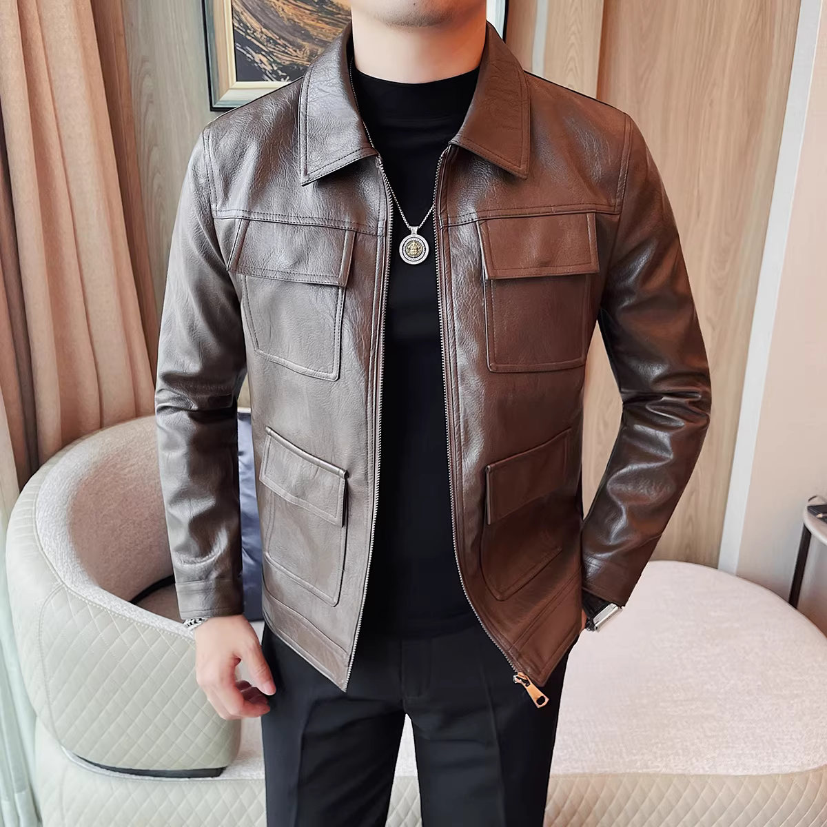 Áo khoác da đi xe máy cho nam, phong cách mới mùa xuân thu, thời trang, ôm dáng, đẹp trai, cao cấp, áo khoác ngắn có ve áo