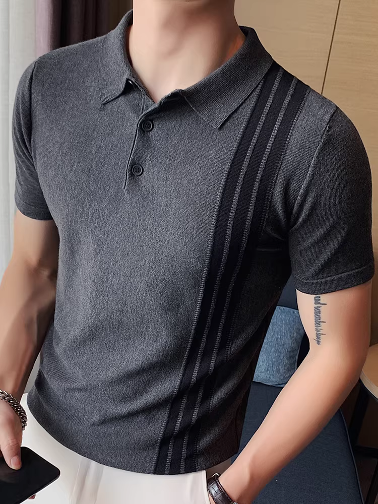 Áo polo dệt kim cho nam, áo thun ngắn tay mỏng chất liệu lụa đá mùa hè, kiểu dáng Hàn Quốc thời trang ôm body co giãn nửa tay cho nam