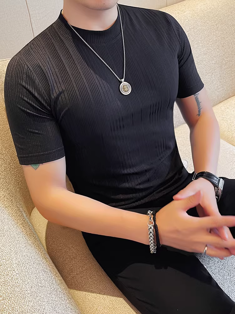 Áo thun nam tay ngắn hè 2025 thời trang mới mẻ đa năng cao cấp cổ tròn sọc