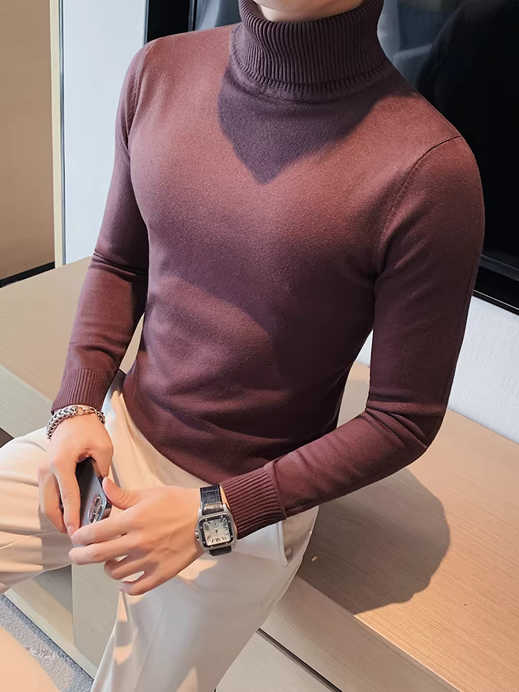 Áo len cổ lọ nam cho mùa thu đông, lót lông cừu, màu trơn, dệt kim mịn, tay dài, kiểu dáng ôm sát thời trang.
