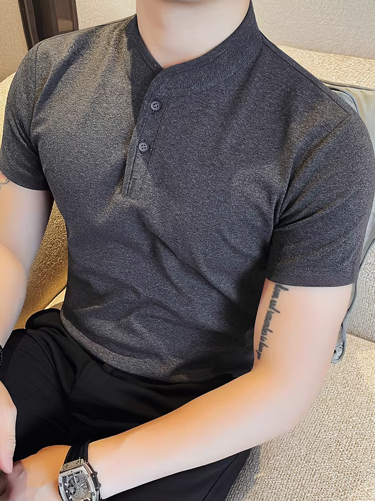 Áo thun cổ đứng phong cách Trung Quốc mới dành cho nam, tay ngắn, mỏng mùa hè, thời trang, hợp thời trang, giản dị, đa năng, áo thun cổ Henry màu trơn.