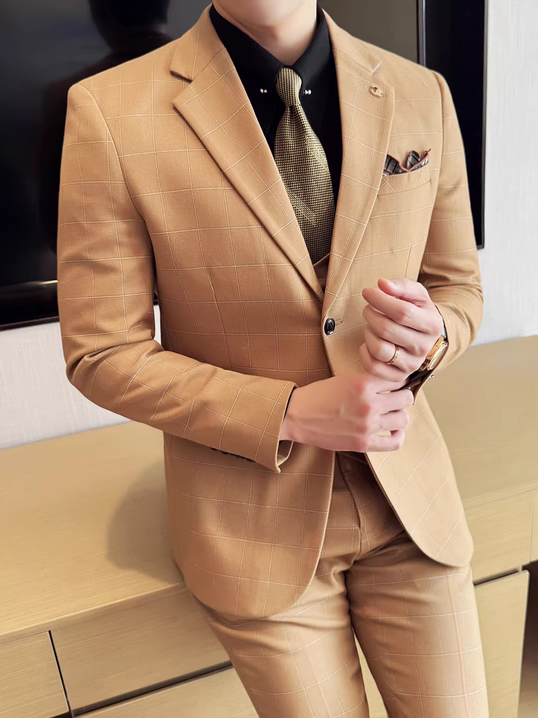 Bộ vest cao cấp kẻ caro dành cho nam, trang phục dạ hội công sở, kiểu dáng ôm sát, lịch sự và dễ chăm sóc, bộ vest cưới ba mảnh