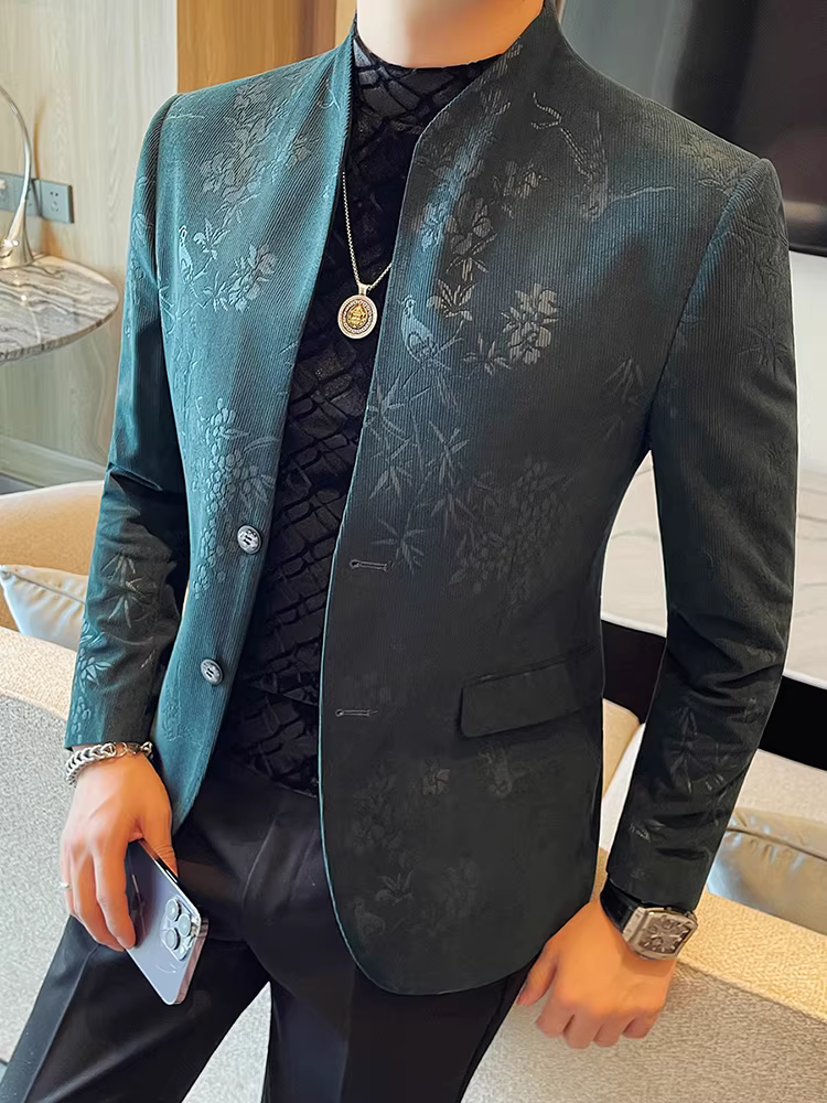Áo blazer nam cổ đứng kiểu Trung Quốc mới, họa tiết hoa, thời trang xuân 2025, kiểu dáng ôm body, lịch lãm, cao cấp