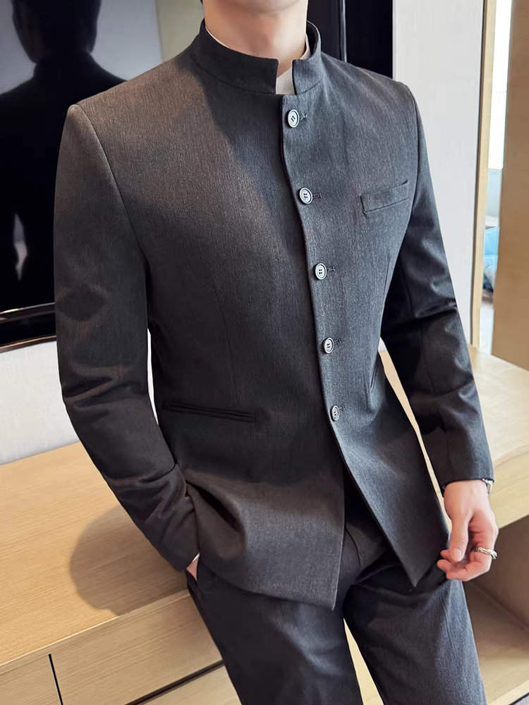 Bộ vest cổ đứng kiểu Trung Quốc dành cho nam, thời trang công sở cao cấp, kiểu dáng ôm sát, vest cưới chú rể, kiểu áo dài