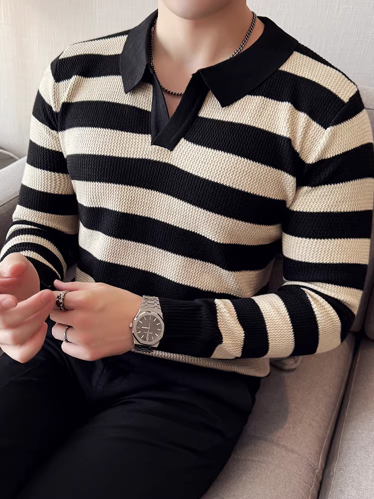 Áo len nam cổ V dệt kim dáng ôm, phối màu tương phản, tay dài, kiểu dáng mới thu đông 2025