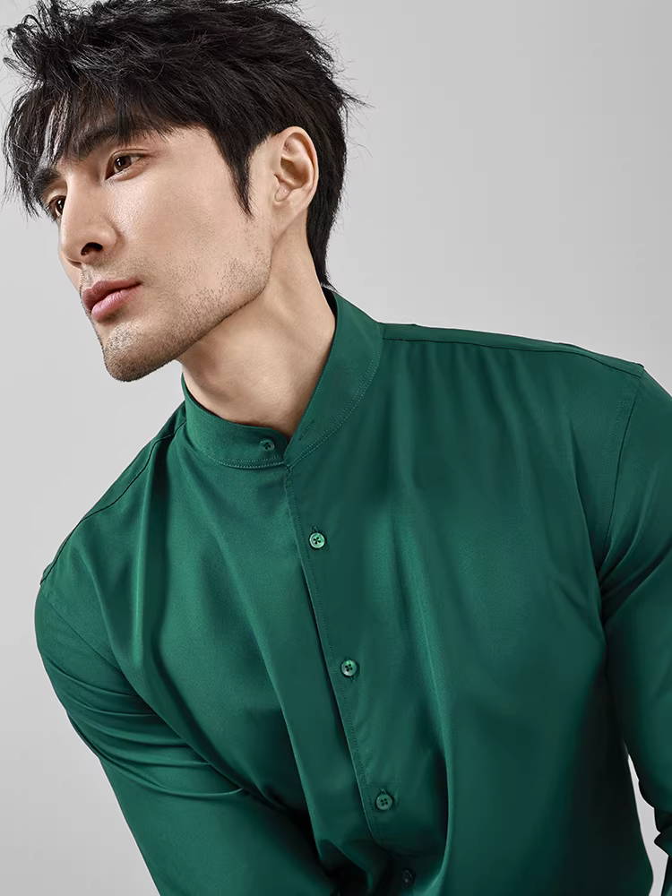 Áo sơ mi nam cổ đứng chất lượng cao, dài tay, ôm dáng, co giãn, mềm mại, màu trơn, đa năng, phong cách Trung Hoa mới, áo sơ mi lót lông cừu dành cho doanh nhân