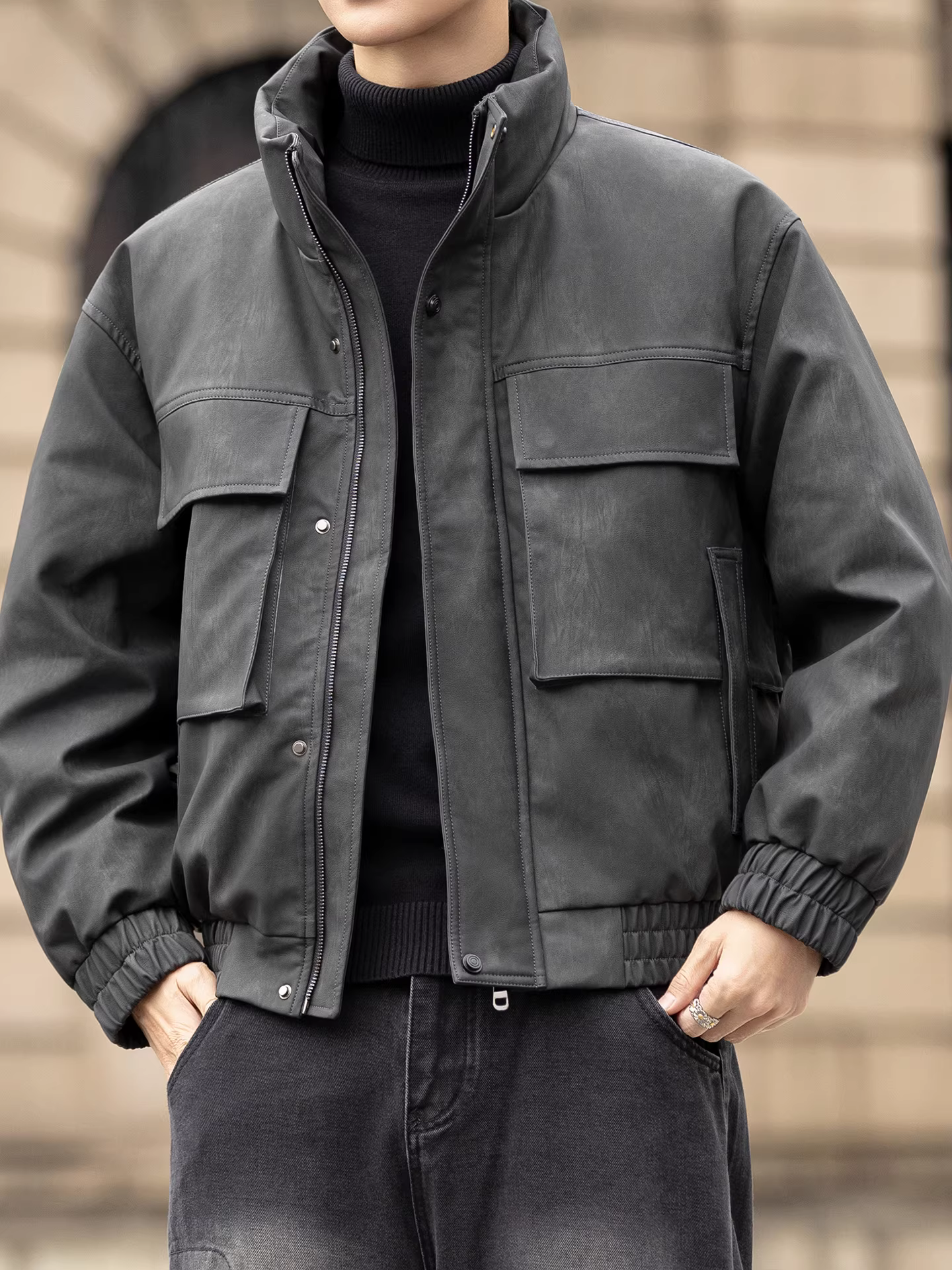 Áo khoác da PU kiểu dáng công sở dành cho nam, mẫu mới mùa đông 2025, dáng rộng, đa năng, kiểu ngắn thời trang, dày dặn và ấm áp.