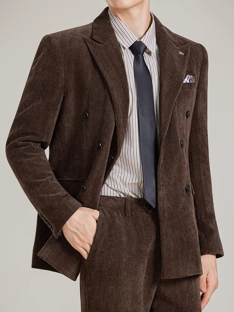 Bộ vest nam chất liệu chenille, kiểu dáng xương cá, hai hàng khuy, thu đông, thời trang mới, kiểu dáng ôm body, lịch sự, thanh lịch.