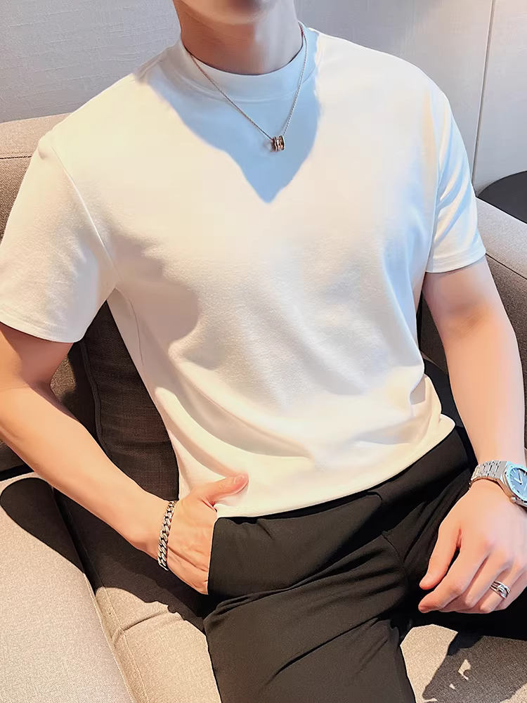 Áo thun nam cổ tròn, dày dặn cho mùa thu đông, tay ngắn, cổ trung, kiểu dáng giản dị, rộng rãi, hợp thời trang, đa năng, áo thun màu trơn.