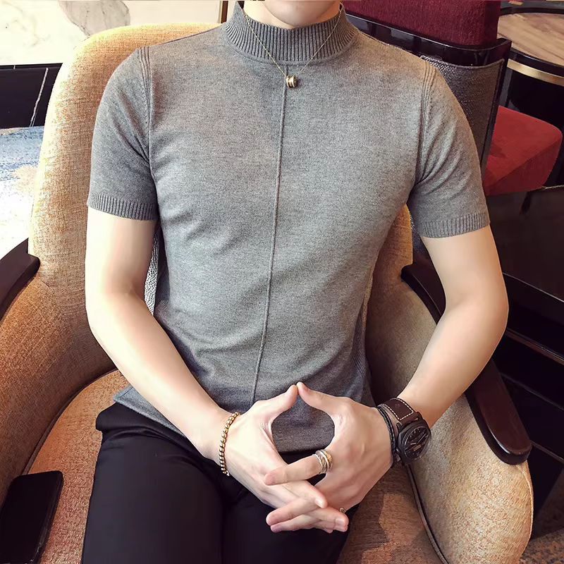 Áo len ngắn tay mùa thu đông dành cho nam, dáng ôm, phong cách Hàn Quốc, giản dị, đa năng, cổ cao nửa cổ, áo sơ mi dệt kim nam, kiểu Anh nửa tay.