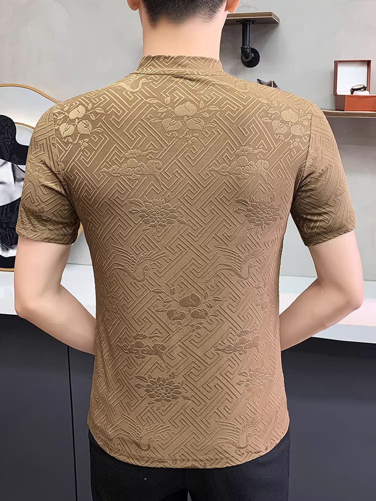 Áo thun nam dệt kim jacquard cổ trung, tay ngắn, thời trang thu đông 2025, kiểu dáng thời thượng, ôm body.