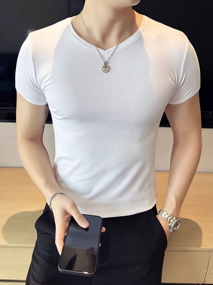 Áo thun nam mùa hè dáng ôm, co giãn, thoải mái, đa năng, cao cấp, kiểu dáng thời trang, tay ngắn, cổ chữ V, thiết kế hình trái tim gà.