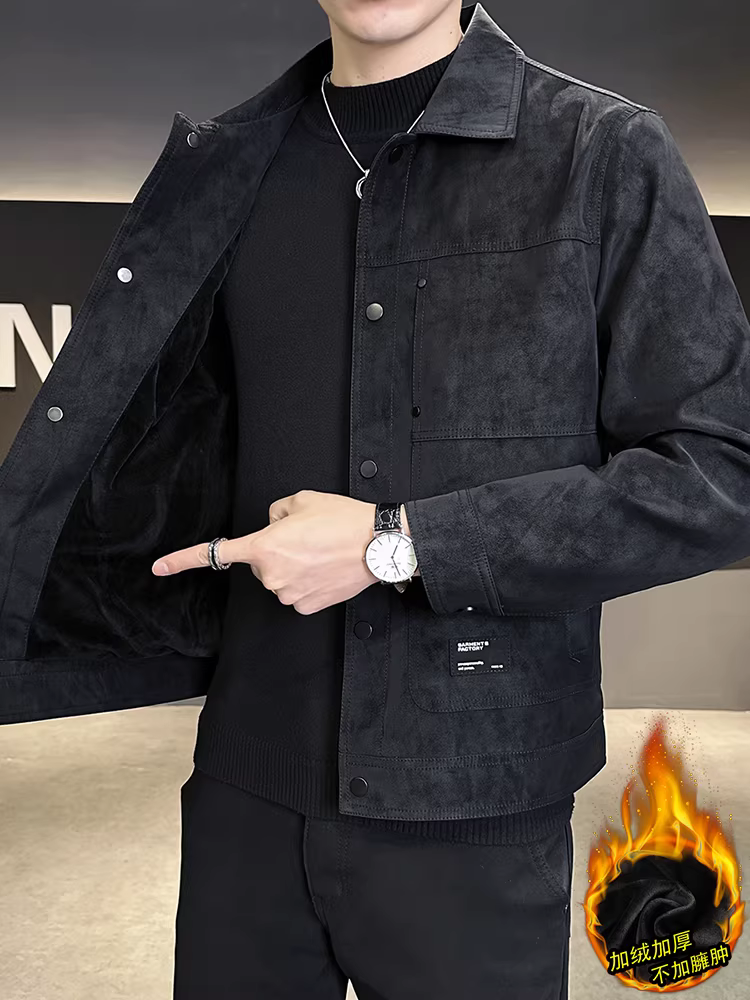 Áo khoác da lộn lót lông cừu và dày dặn dành cho nam, kiểu dáng thu đông mới, áo khoác công sở dáng ngắn có ve áo cao cấp.