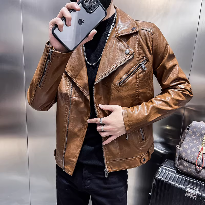 Áo khoác da nam đi xe máy, kiểu dáng thu đông mới, cổ áo vest cao cấp, áo khoác PU đẹp trai, dáng ôm, kiểu dáng ngắn, phong cách Anh.