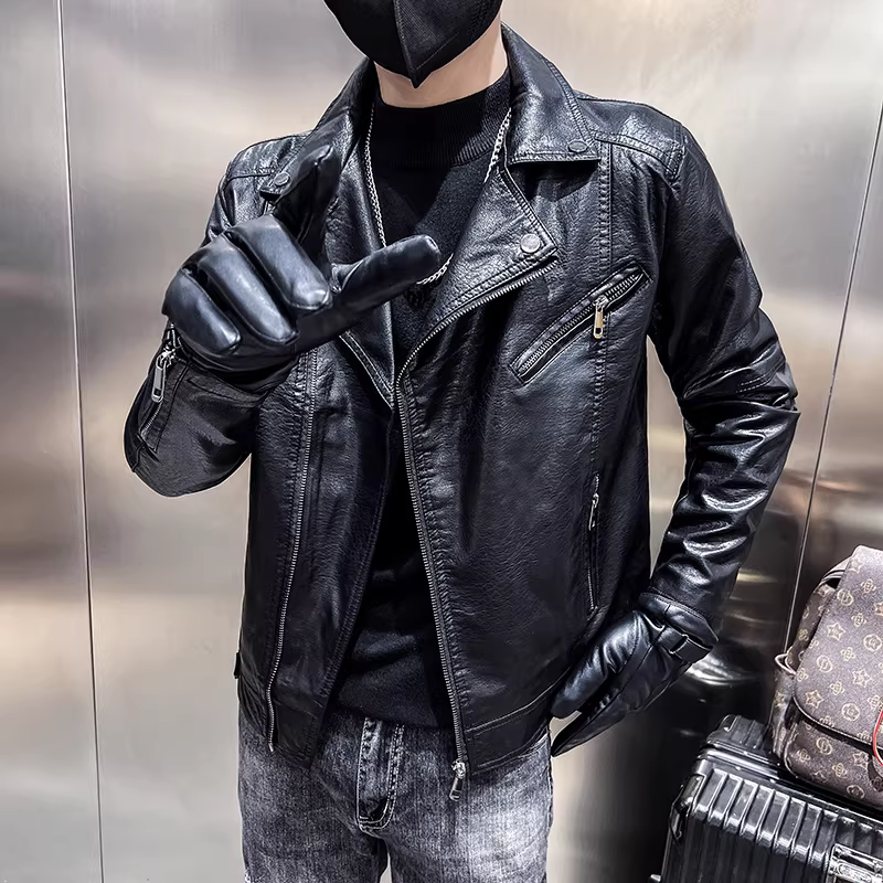 Áo khoác da nam đi xe máy, kiểu dáng thu đông mới, cổ áo vest cao cấp, áo khoác PU đẹp trai, dáng ôm, kiểu dáng ngắn, phong cách Anh.
