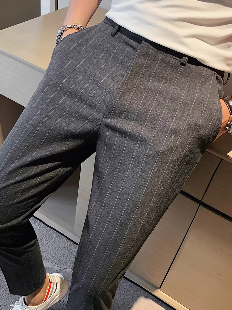 Quần âu nam kẻ sọc dày dặn lót lông mùa đông 2024 kiểu dáng mới đa năng ôm dáng côn